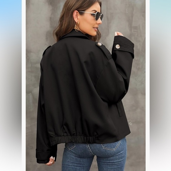 NWT Cropped Trench Coats Double Breasted Blazer Long Sleeve Lapel with Pockets - Picture 5 of 6